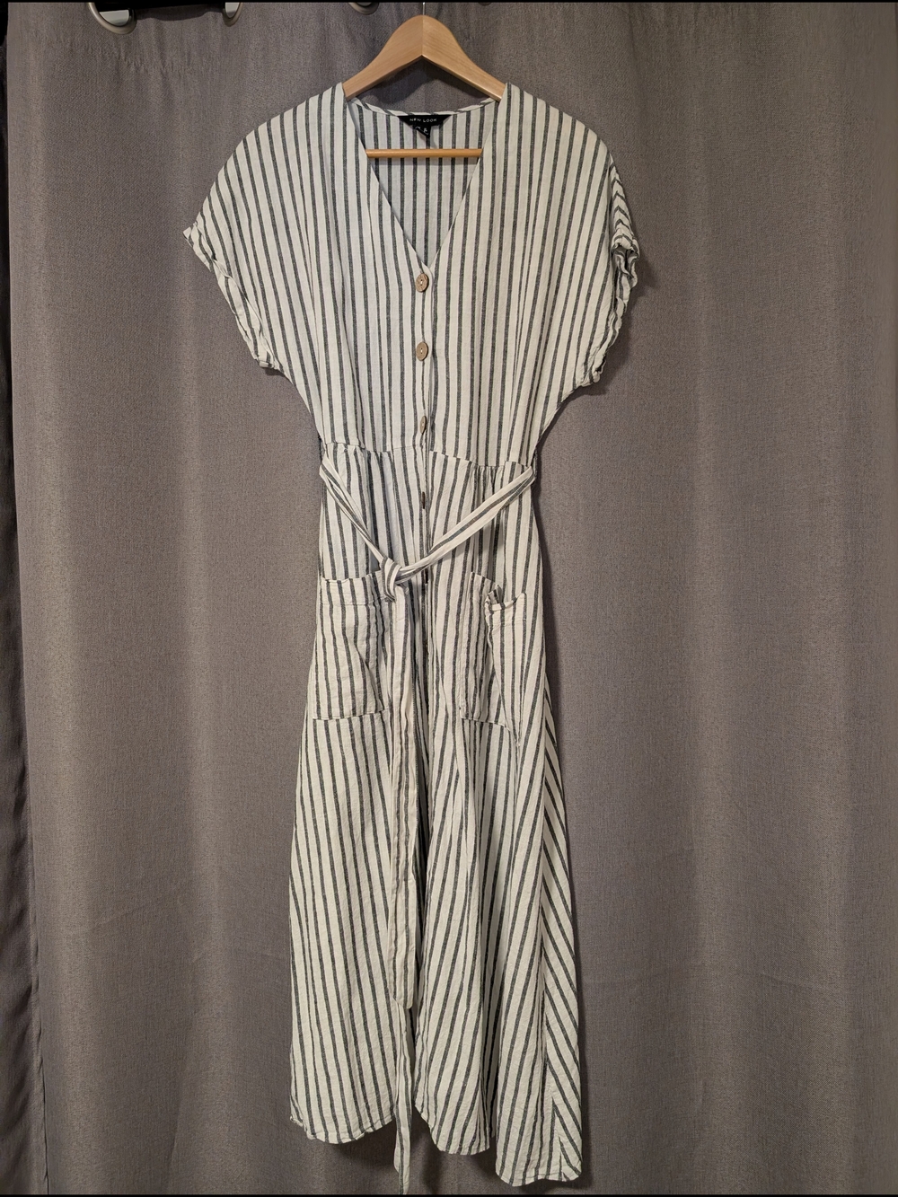 New Look White Dress with Black Vertical Stripes and Tie Waist